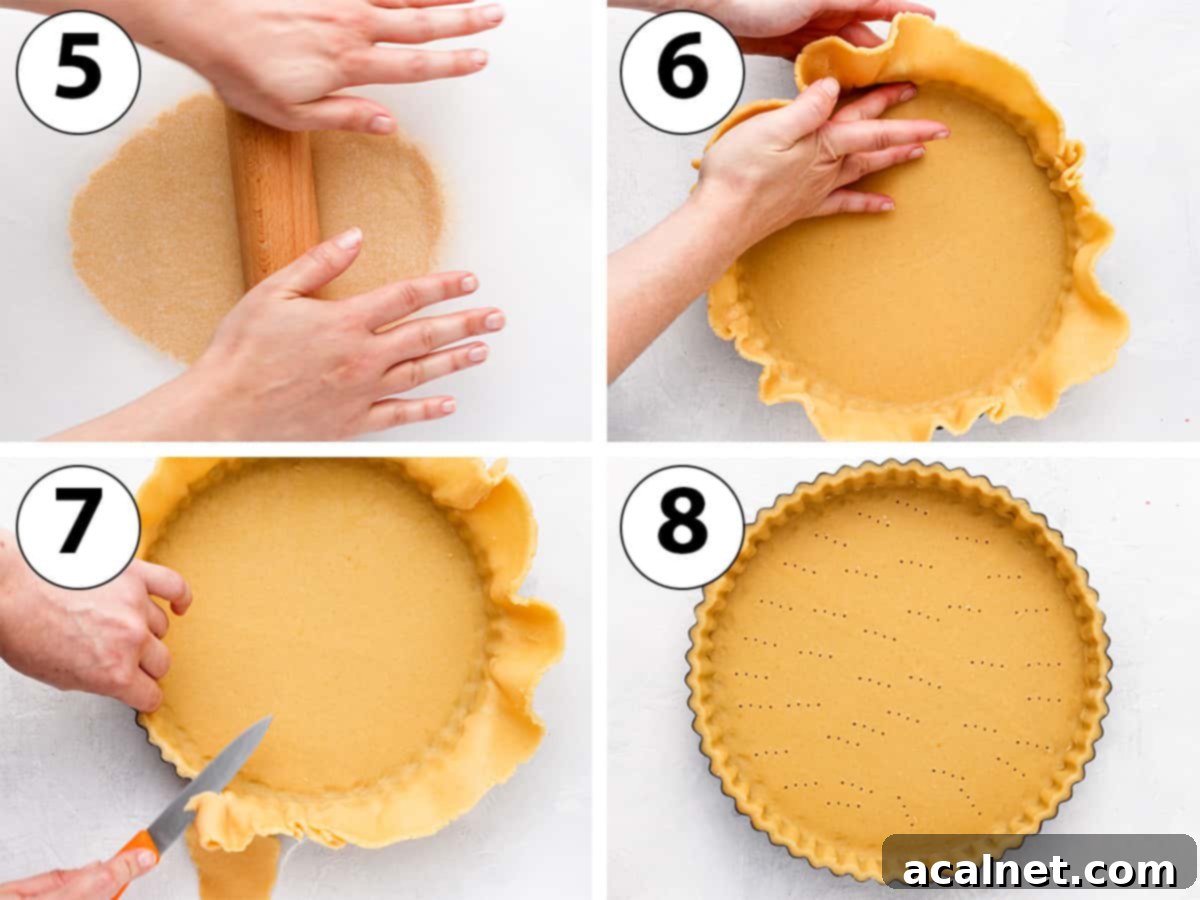 Process shot collage: rolling the Pâte Sucrée dough between parchment paper and carefully lining a tart pan before baking.