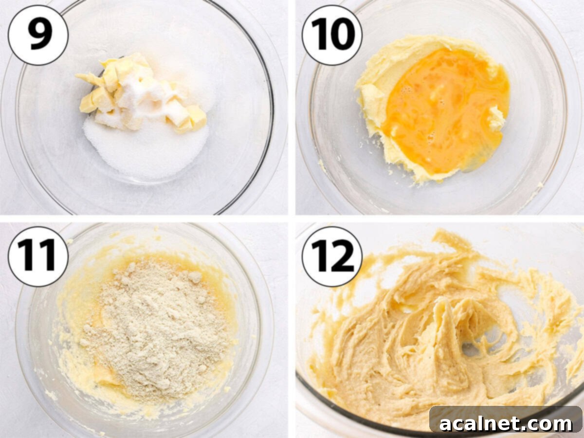 Almond Cream process shot: A collage showing the stages of mixing butter and sugar, then incorporating eggs, and finally adding almond meal to create the rich frangipane.