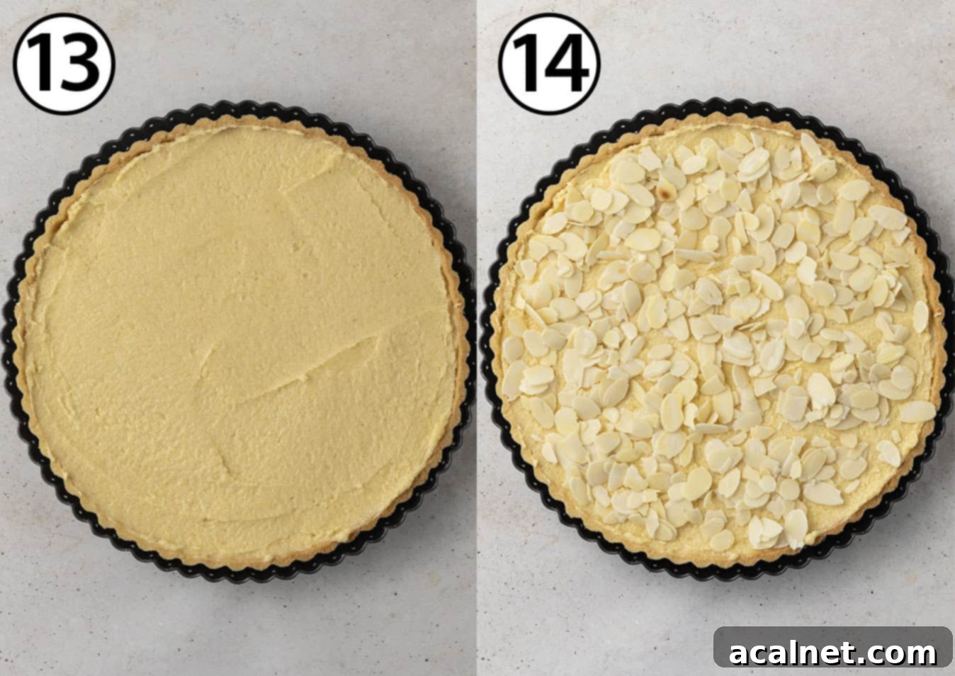 Process collage: showing the spreading of almond cream into the par-baked tart shell and then topping it generously with flaked almonds before baking.