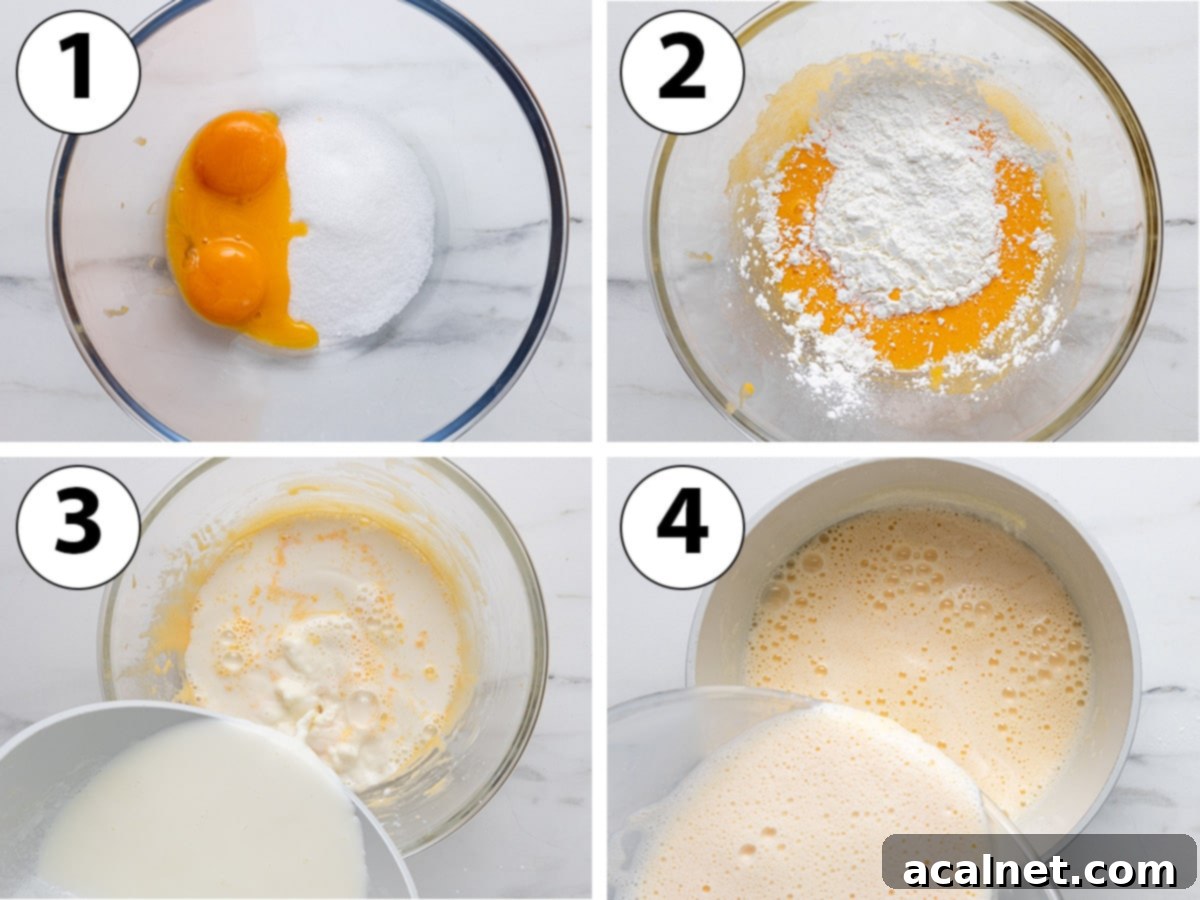 Light Pastry Cream 4 A four-panel collage showing the process of making pastry cream: mixing eggs, sugar, and cornstarch, then tempering the egg mixture with hot milk.