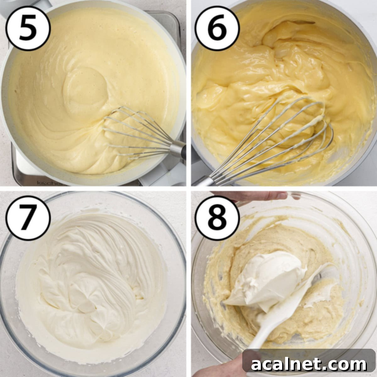 Light Pastry Cream 5 A four-panel collage illustrating the final steps: cooking pastry cream until thickened, whipping heavy cream to stiff peaks, and gently folding the whipped cream into the chilled pastry cream.