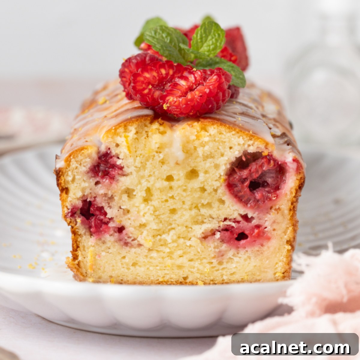 Zesty Lemon Raspberry Loaf 2 Close up on cake crumb showing the baked raspberries inside the lemon cake.