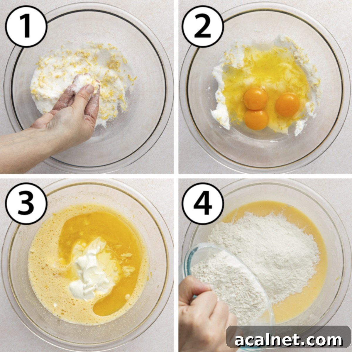 Zesty Lemon Raspberry Loaf 4 Process Shot Collage: mixing the ingredients in a large mixing bowl.