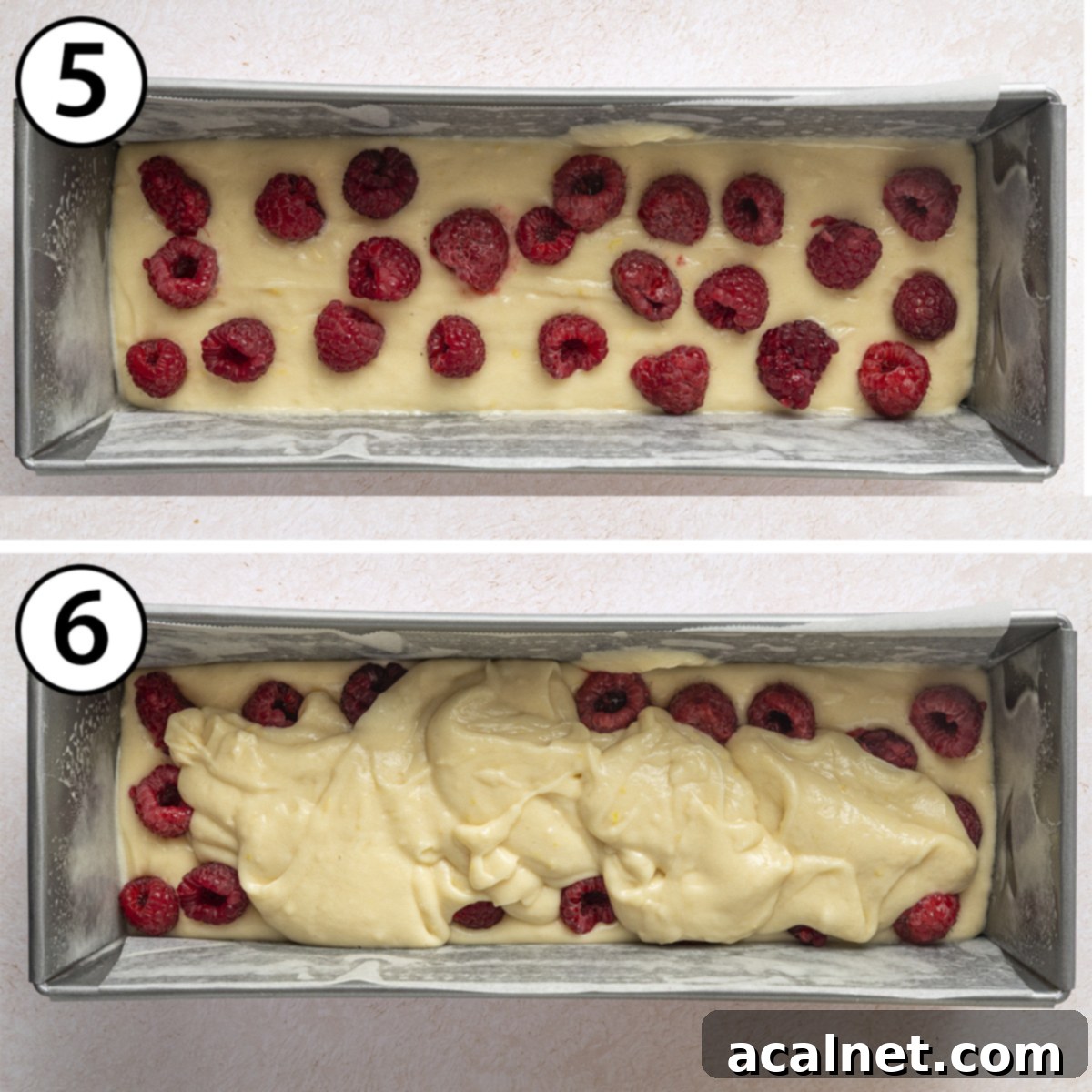 Zesty Lemon Raspberry Loaf 5 Process shot collage: layering the cake batter and fresh raspberries in the loaf pan.