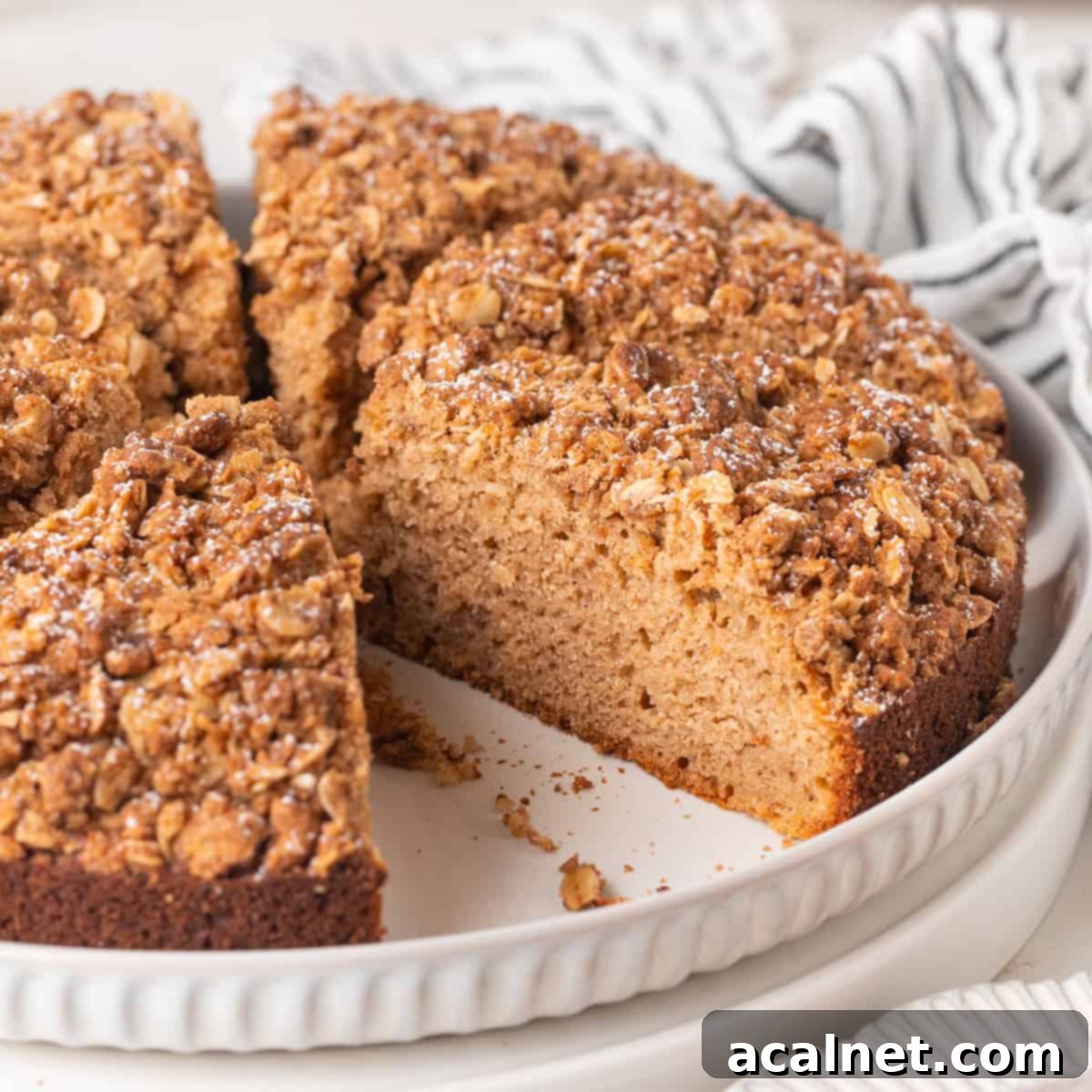 Applesauce cake cut into slices on a large white plate.