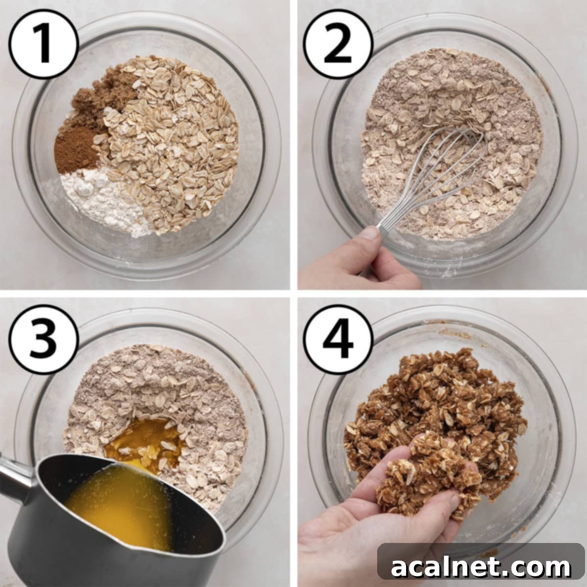 Process shot collage: making the streusel by mixing dry ingredients with melted butter.
