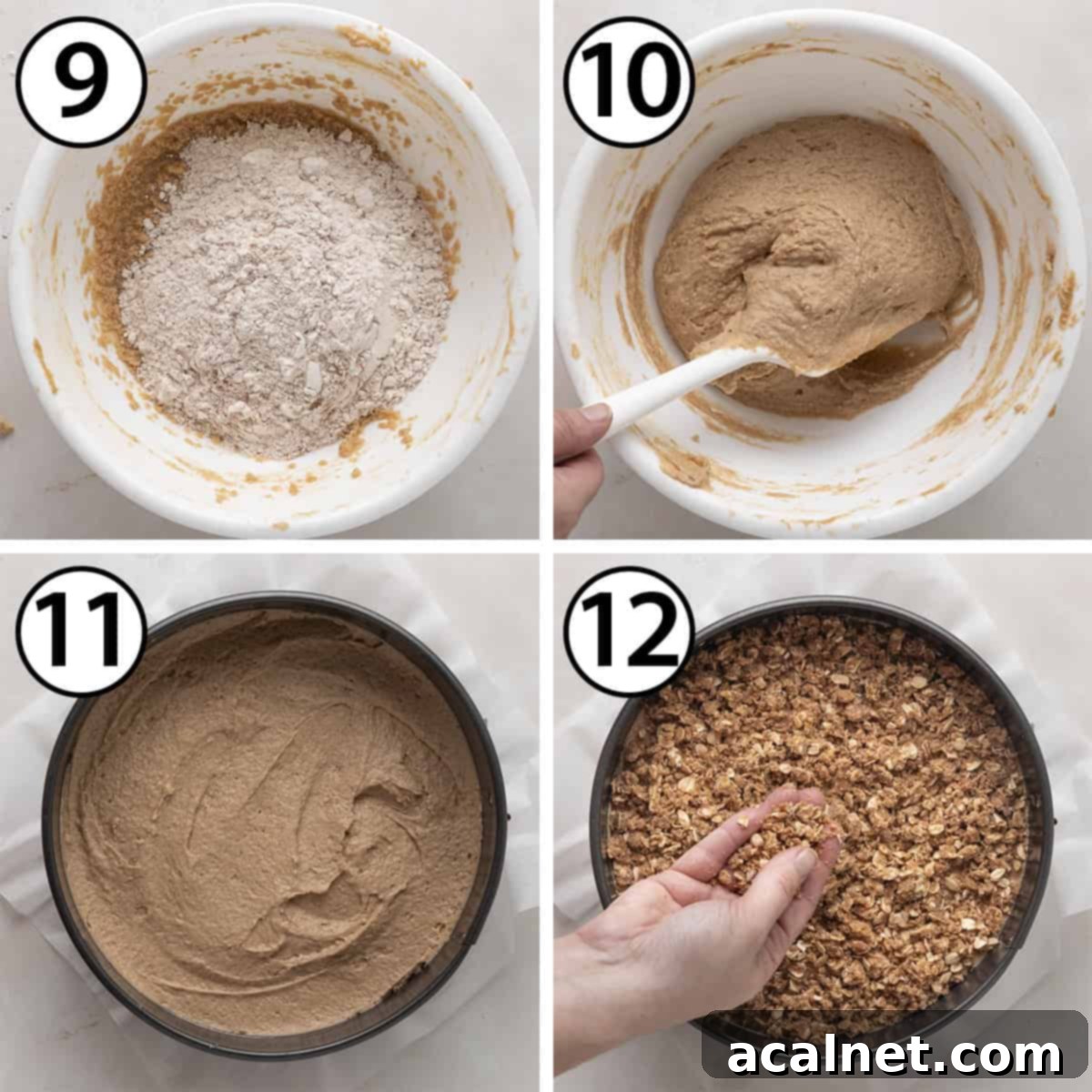 Process shot collage: mixing in dry ingredients and assembling cake in a springform pan.