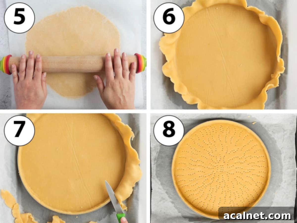 Ruby Raspberry Almond Tarts 5 Process Shot Collage: rolling the dough between two sheets of baking paper then lining the tartlet rings and cutting off the excess dough.