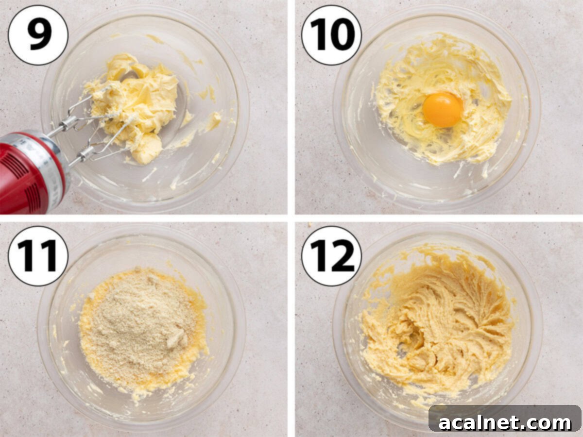 Ruby Raspberry Almond Tarts 6 Process shot collage: making the almond cream by creaming butter and sugar, adding egg then almond meal.