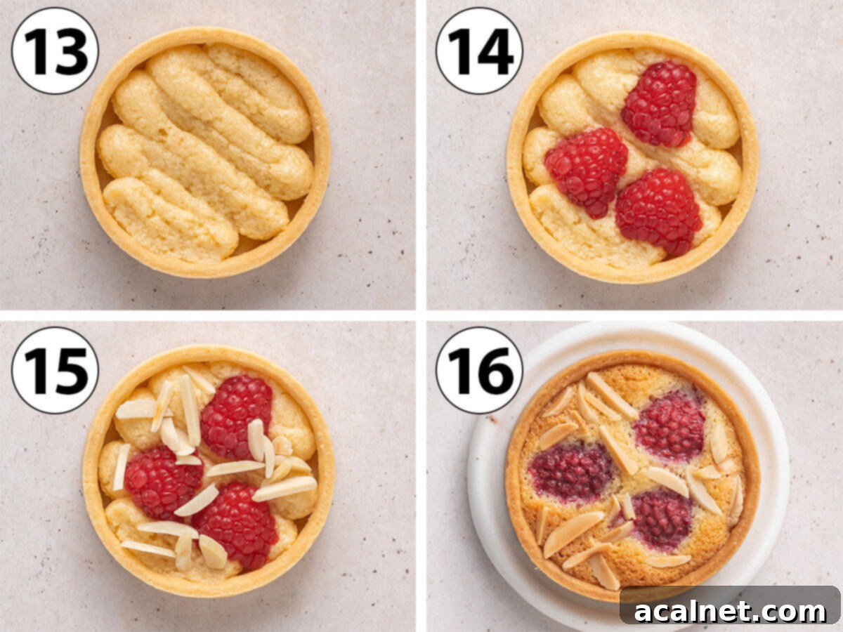 Ruby Raspberry Almond Tarts 7 Process Shot Collage: filing the par-baked shells with almond cream, raspberries and slivered almonds.