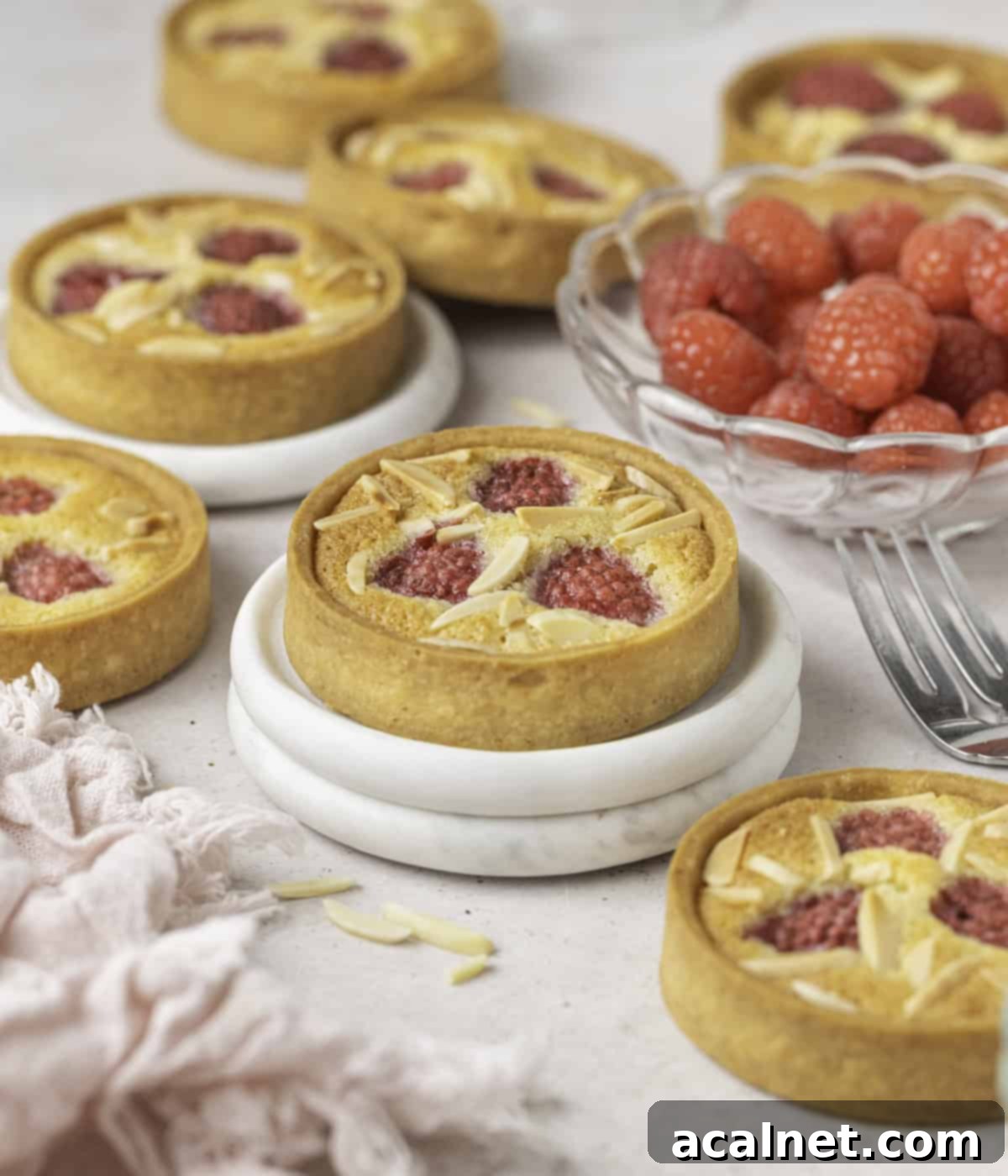 Ruby Raspberry Almond Tarts 8 Tarts laid over a light beige surface with a light pink napkin and a bowl filled with fresh raspberries.