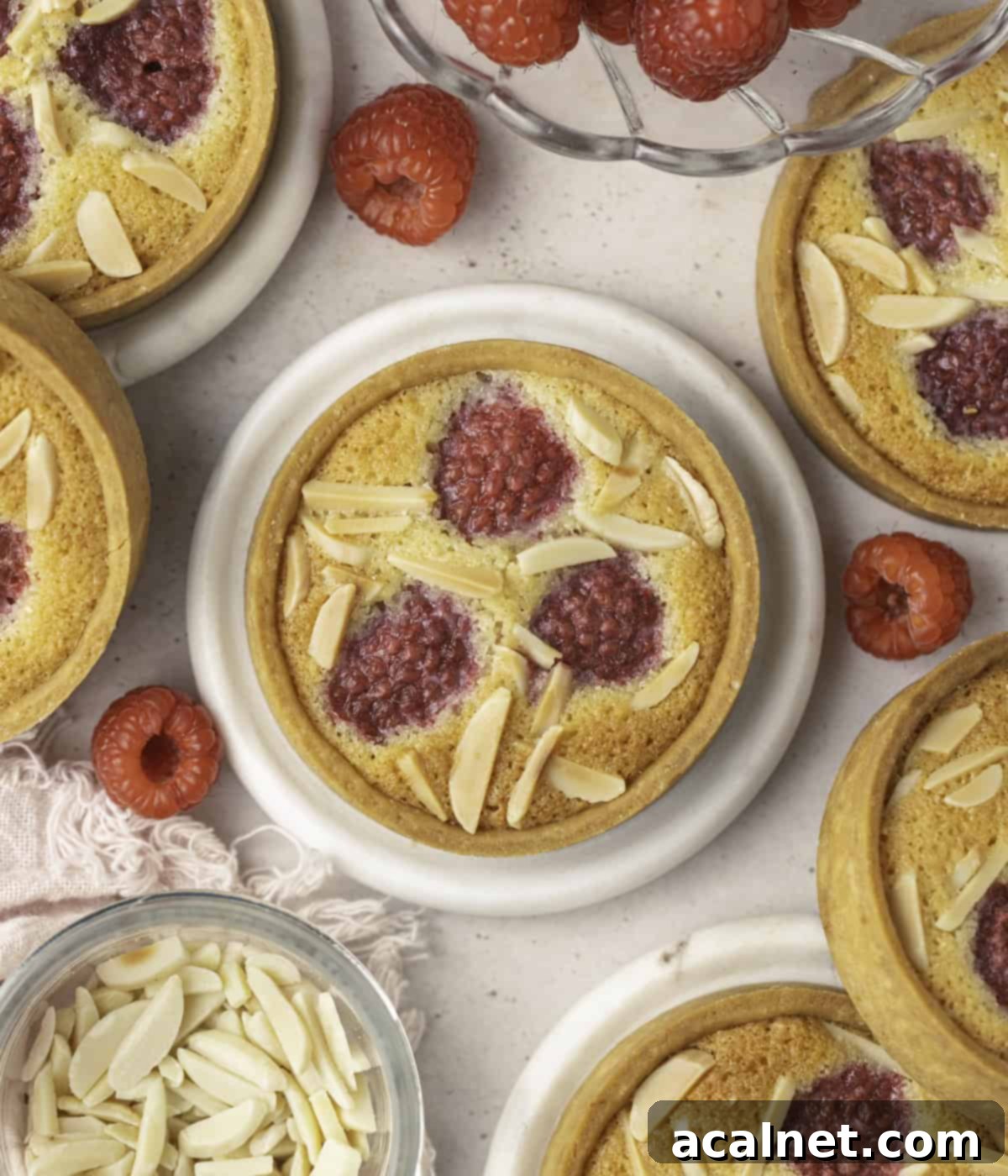 Ruby Raspberry Almond Tarts 9 Tartlets and bowls of raspberries and slivered almond seen from above.