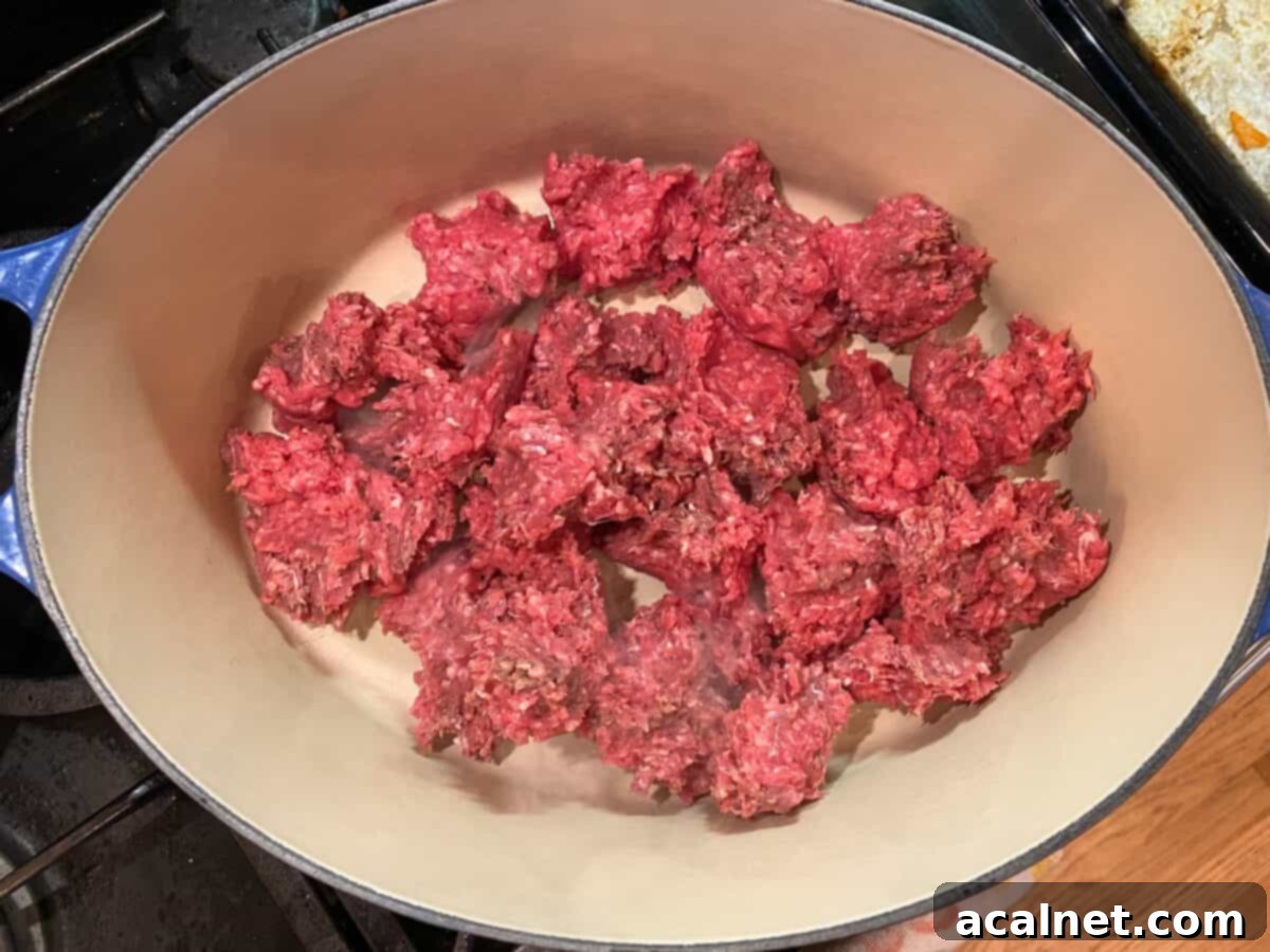 Hearty Idaho Chili 4 Uncooked, coarsely ground beef and freshly diced white onions in a large stainless steel stockpot on the stove, poised to be cooked and browned, forming the savory foundation of the chili.