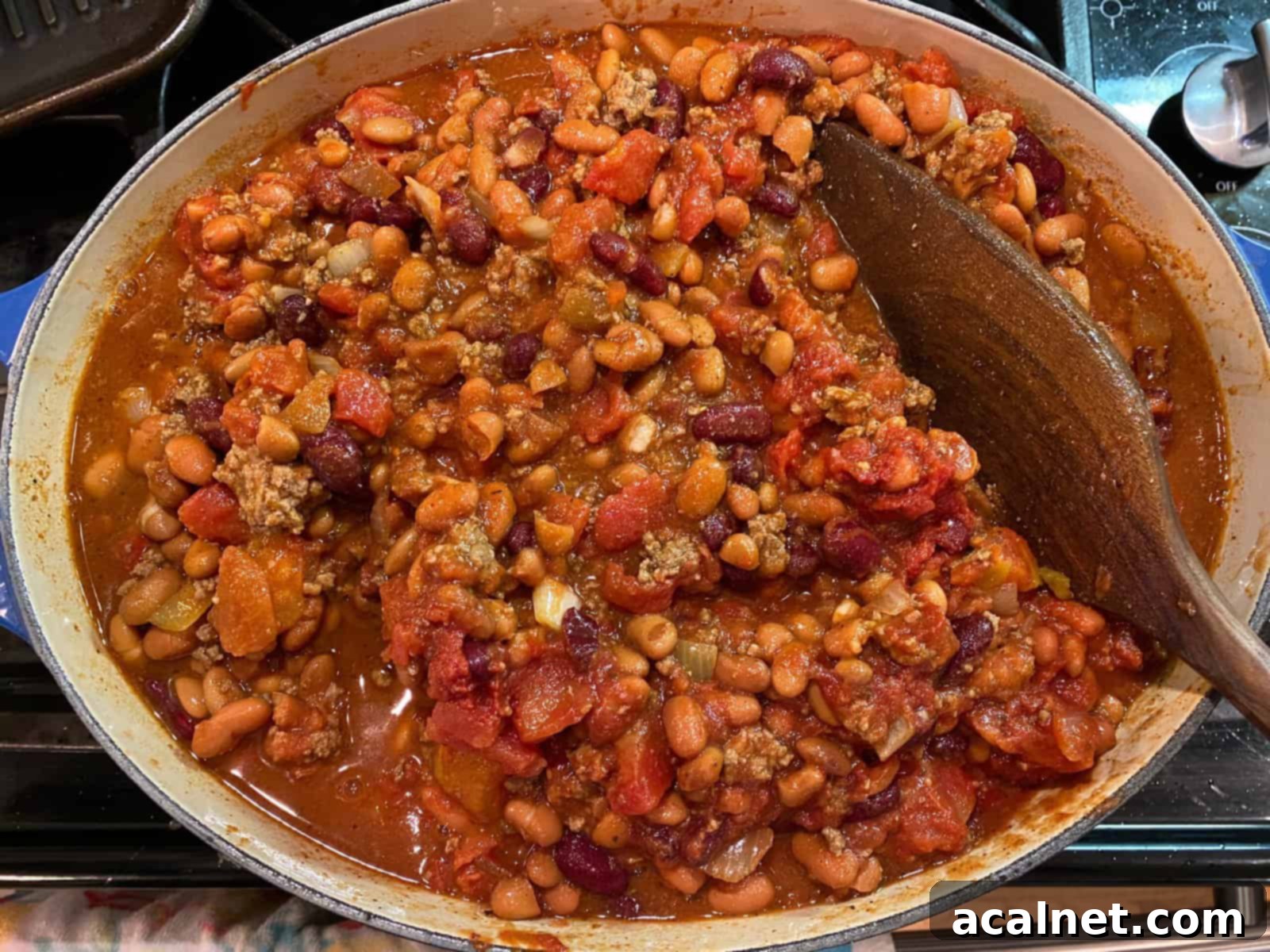 Hearty Idaho Chili 5 A large, rustic pot of Idaho Chili simmering on the stove, with a wooden serving spoon resting inside, hinting at the rich flavors contained within, ready for its final simmer.