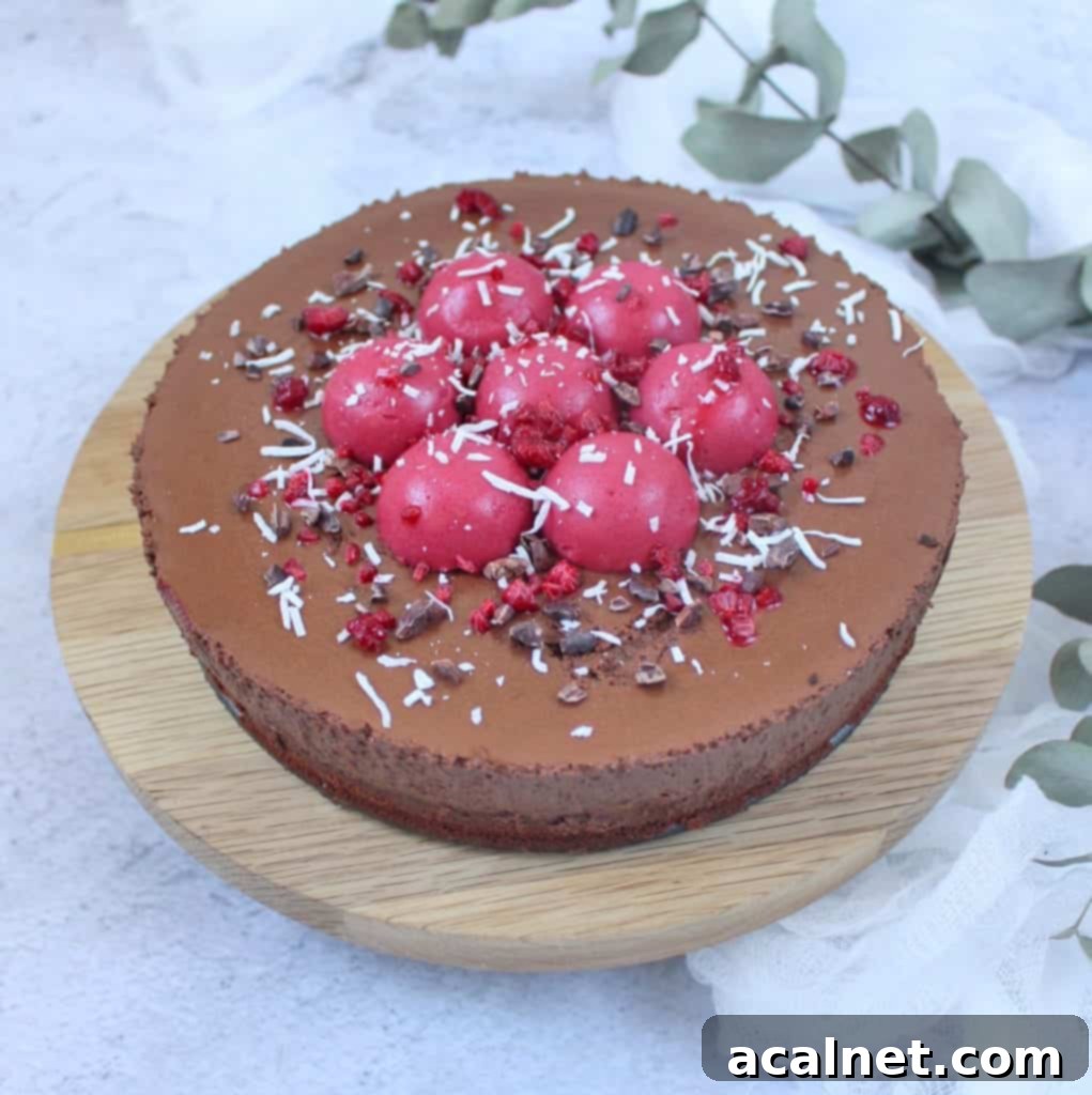 Chocolate Cake topped with Raspberry Domes over a wooden cake stand