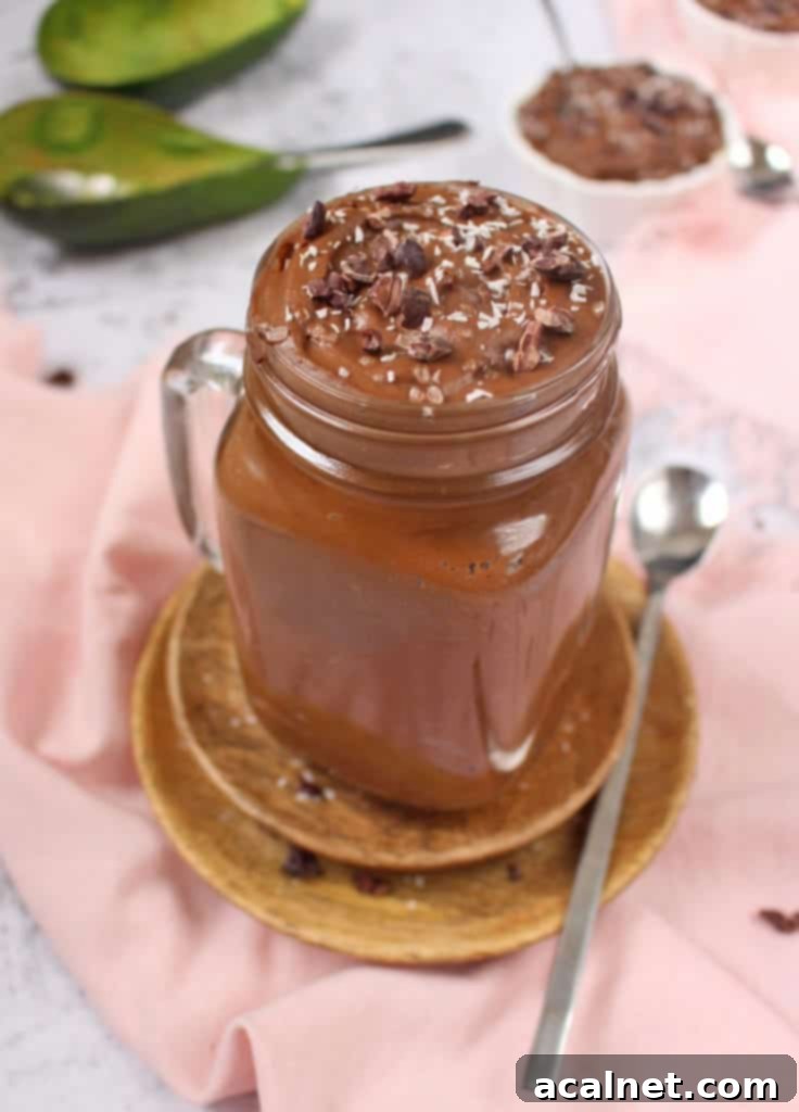 Velvety Vegan Chocolate Avocado Dream 3 Creamy Chocolate Avocado Mousse served in a large glass cup, ready to enjoy.