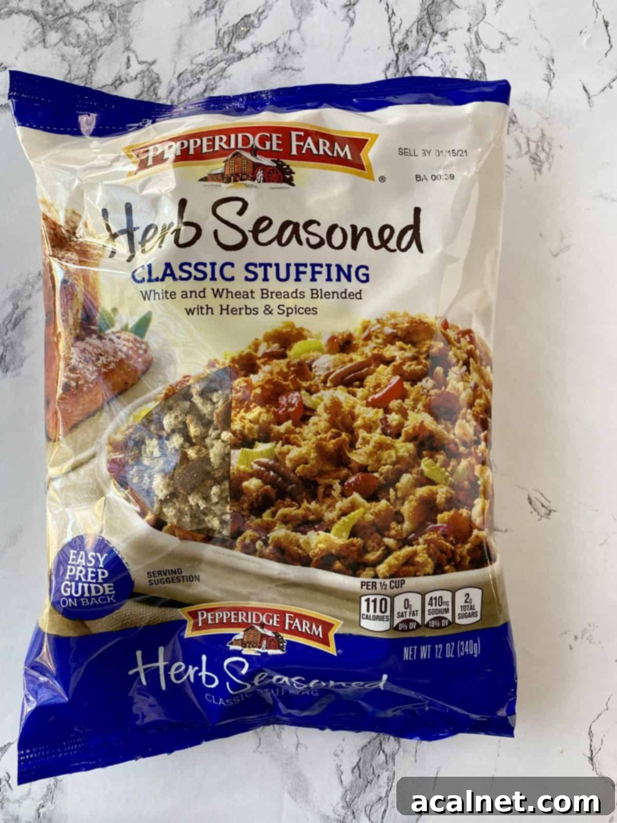 One bag of stuffing mix on a counter.