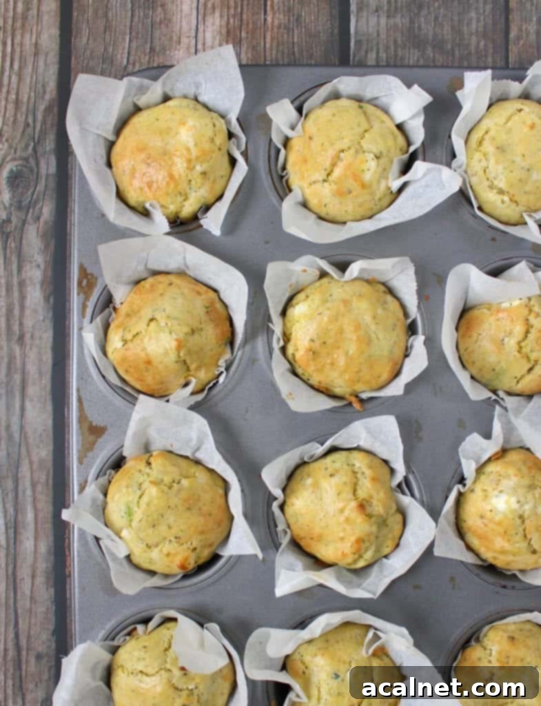 Savory Zucchini and Goat Cheese Muffins 3 Freshly baked Zucchini Muffins with Goat Cheese, golden brown and perfectly risen, cooling on a wire rack.