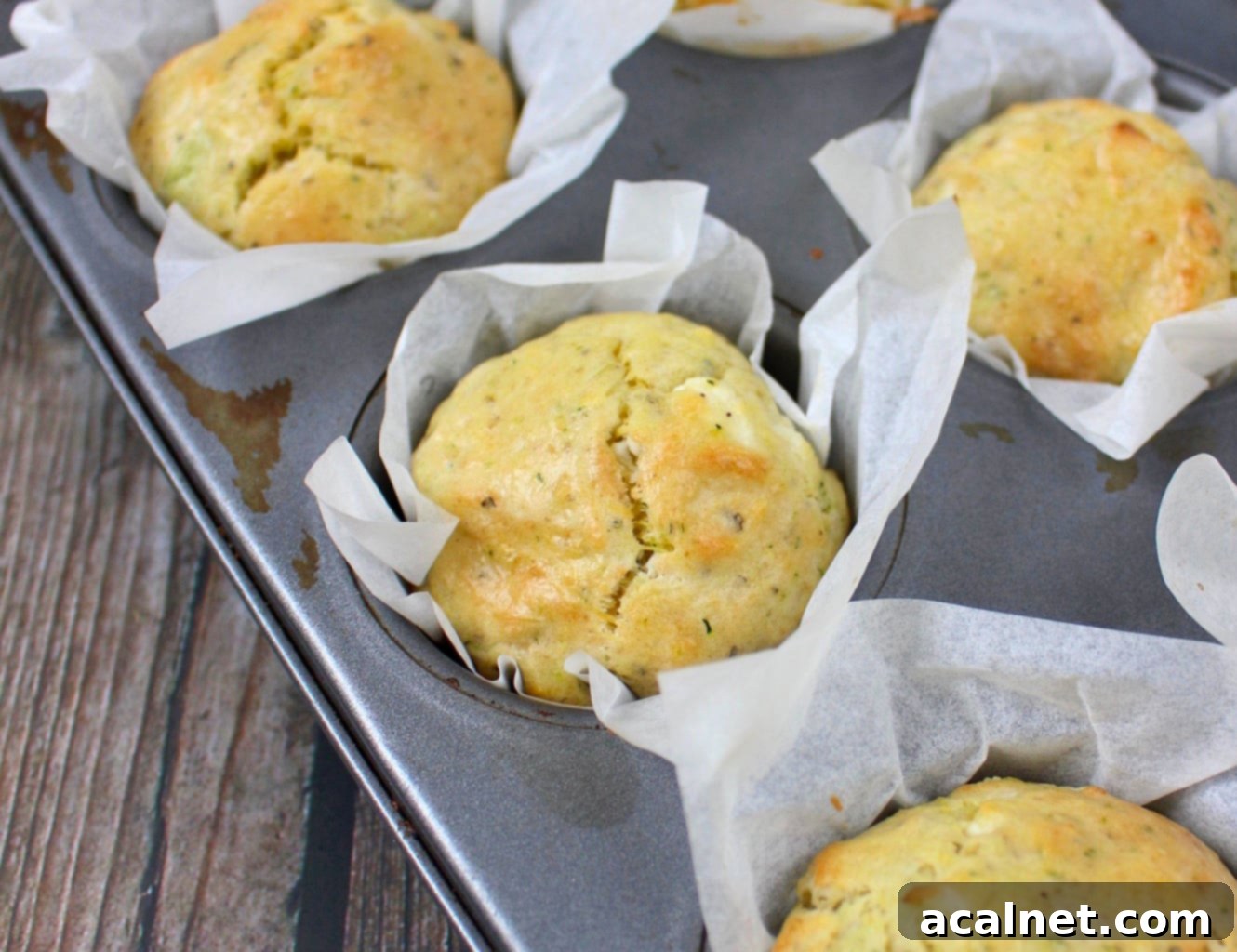 Savory Zucchini and Goat Cheese Muffins 4 Close-up shot of several Savoury Cheese Zucchini Muffins in a muffin tray, with a golden crust and visible goat cheese and zucchini bits.