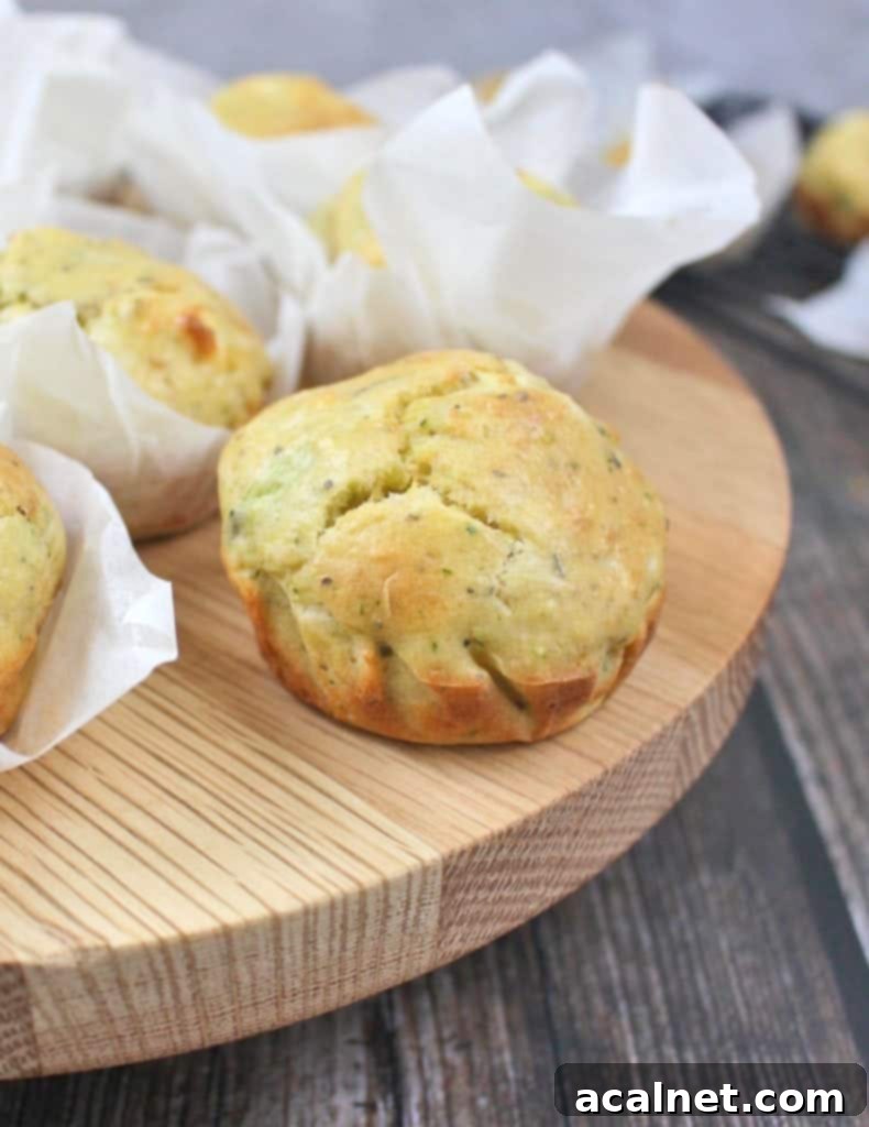 Savory Zucchini and Goat Cheese Muffins 5 A single perfectly baked Savoury Zucchini Muffin sitting on a rustic round wooden cake stand, ready to be enjoyed as a snack.