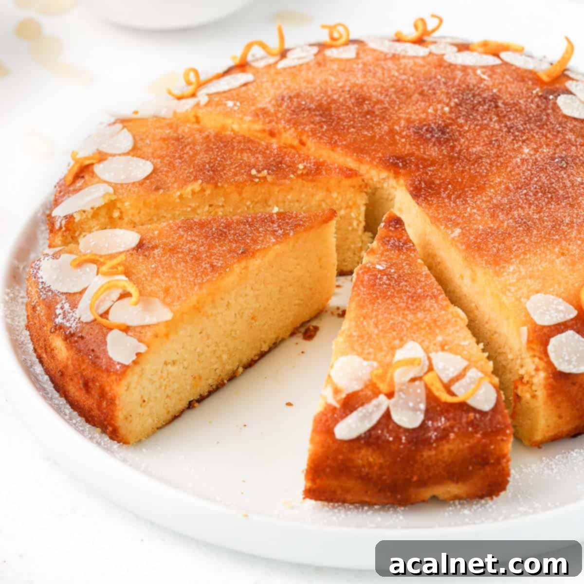 Zesty Gluten Free Almond Orange Cake 2 Close up on the cake with 3 slices cut out, showcasing its moist texture and vibrant orange color.