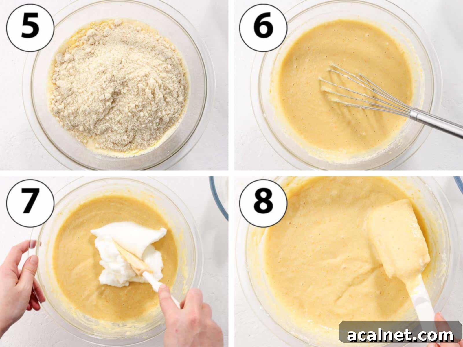 Zesty Gluten Free Almond Orange Cake 5 Process Shot Collage: showing the addition of dry ingredients to the wet mixture, and then gently folding in the whipped egg whites.