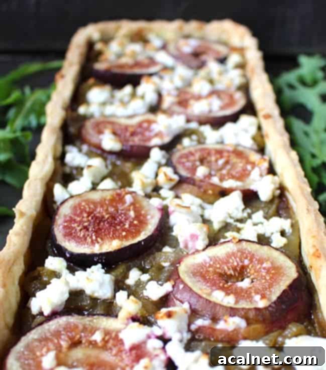 A whole Feta Fig Onion Tart cooling on a wire rack after baking, with slices of fig and crumbled feta visible.