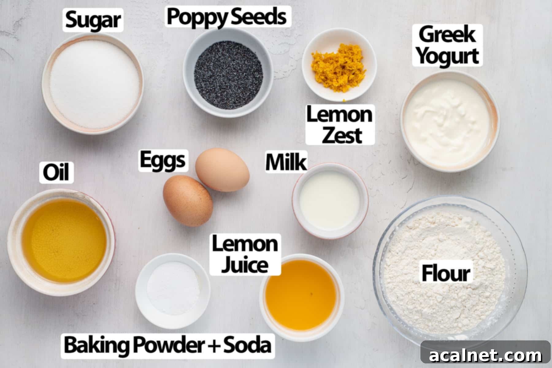 Zesty Lemon Poppy Seed Loaf 3 Ingredients for Lemon Poppy Seed Loaf Cake laid out on a light grey surface, including flour, sugar, lemons, eggs, oil, yogurt, and poppy seeds.