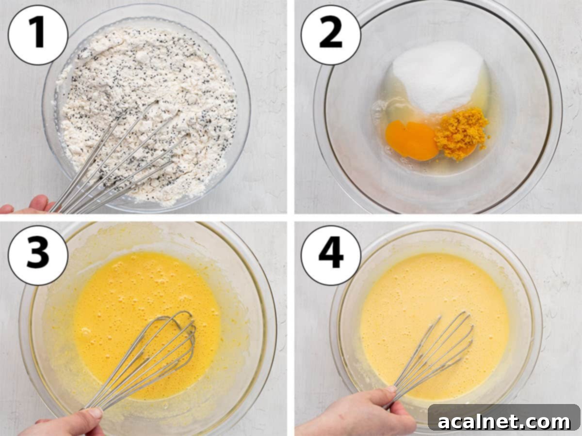 Zesty Lemon Poppy Seed Loaf 4 Process Shot Collage: mixing the dry ingredients in one bowl then the wet ingredients in a separate bowl, showing the initial stages of batter preparation.