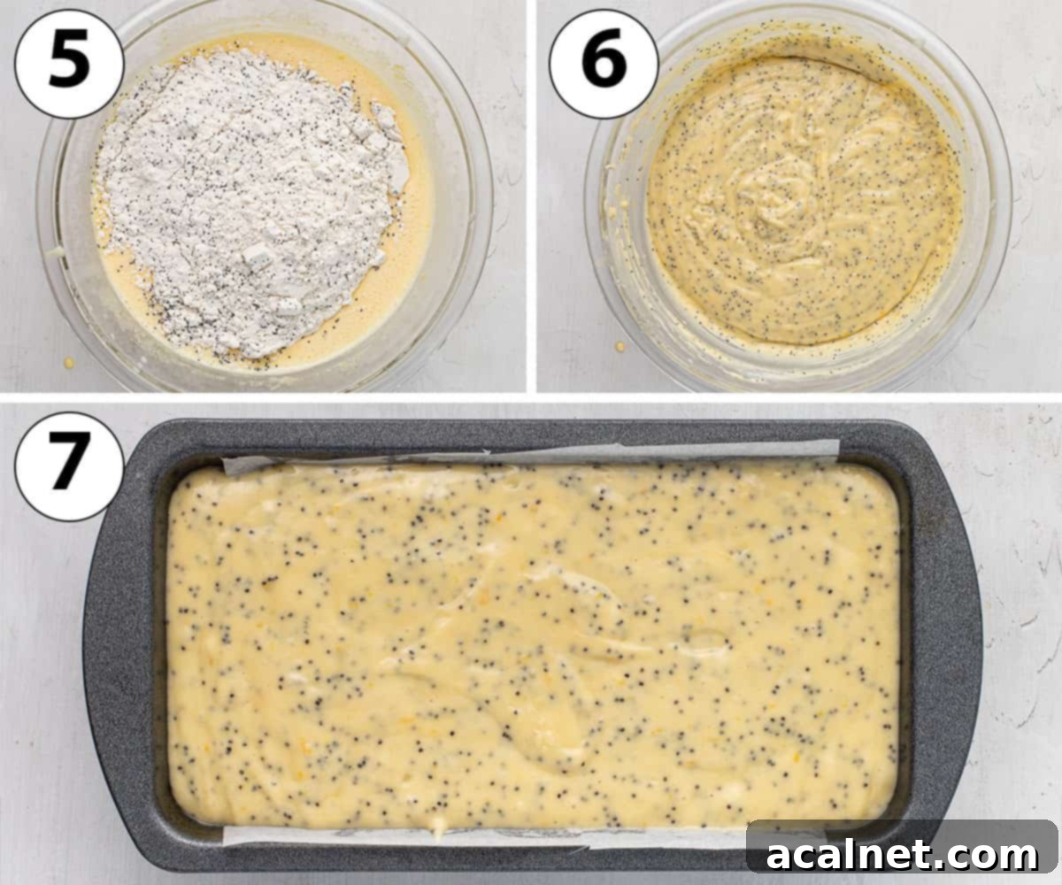 Zesty Lemon Poppy Seed Loaf 5 Process Shot Collage: combining wet and dry ingredients and pouring the batter in the loaf pan, showing the final stages of preparation.