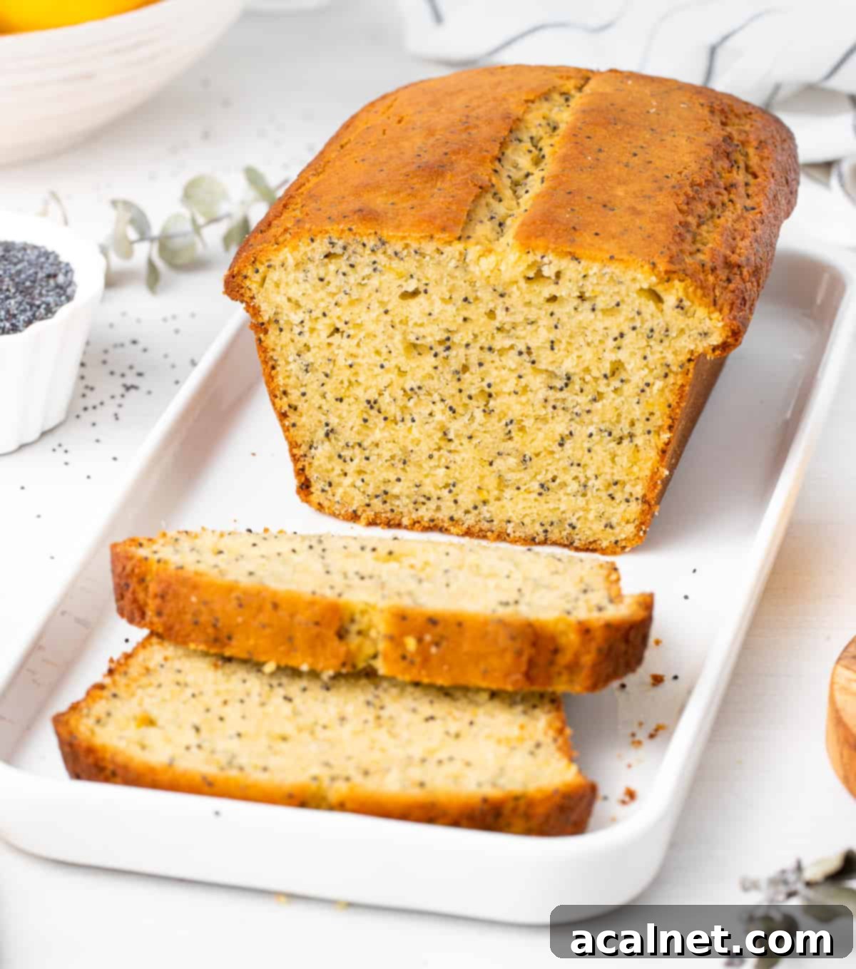 Zesty Lemon Poppy Seed Loaf 6 45 degree angle view on the sliced Lemon Poppy Seed Loaf cake over a white rectangular plate, showing its light crumb and poppy seeds.