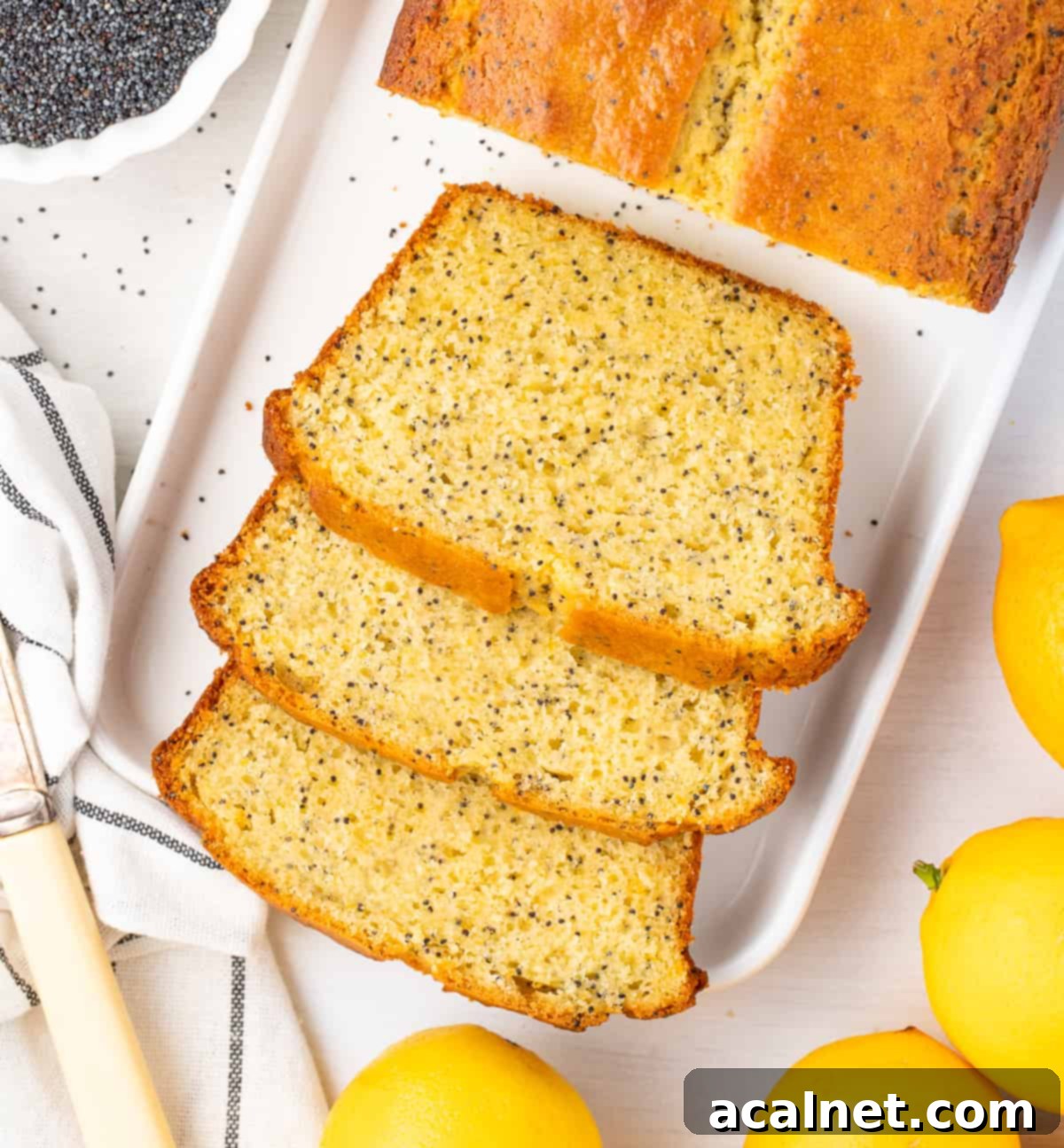 Zesty Lemon Poppy Seed Loaf 7 3 slices of Lemon Poppy Seed Loaf cake on a white rectangular plate seen from above, highlighting the texture and even distribution of poppy seeds.