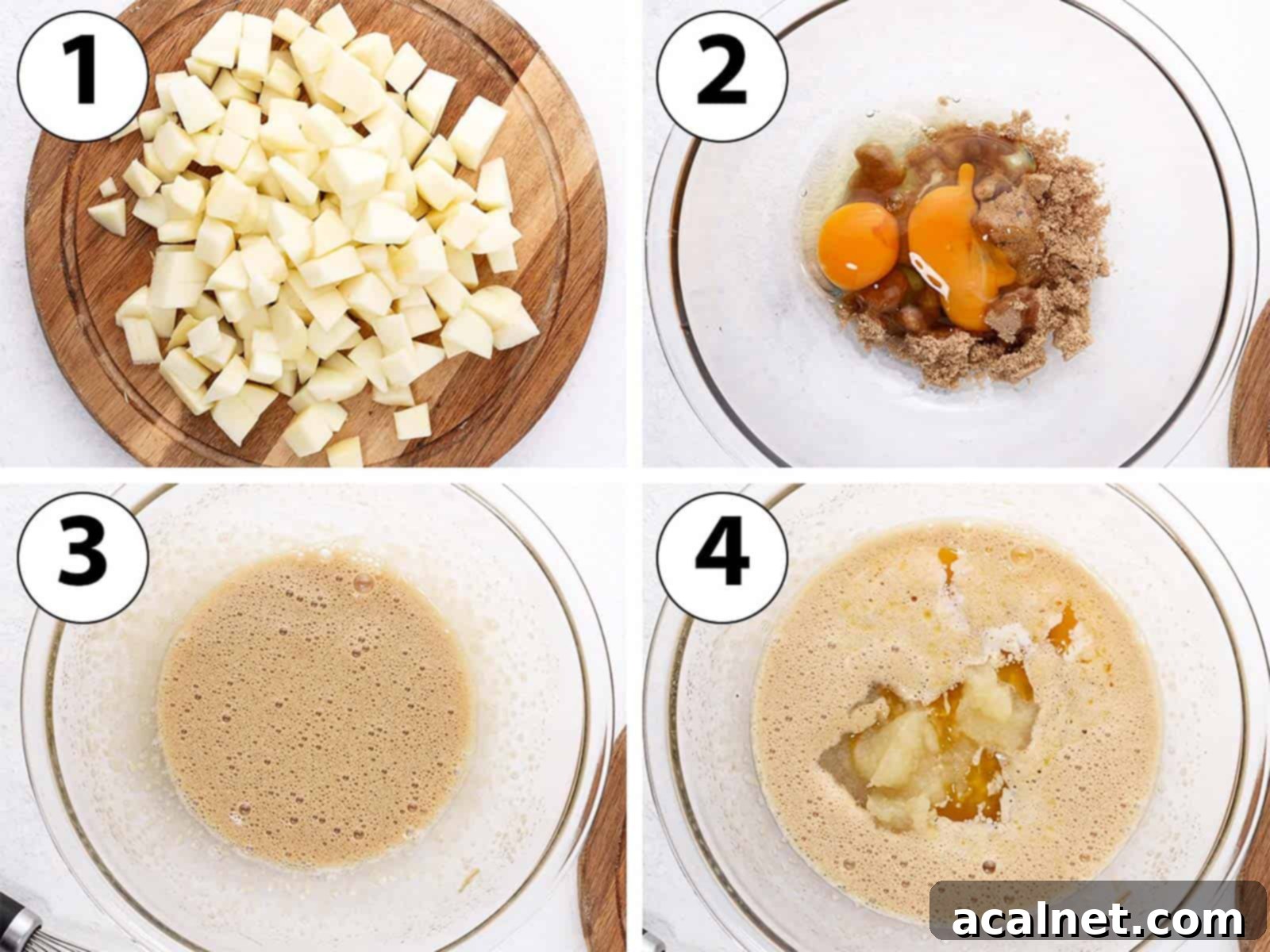 Process Shot Collage: dicing the apples and mixing the wet ingredients in a glass bowl.