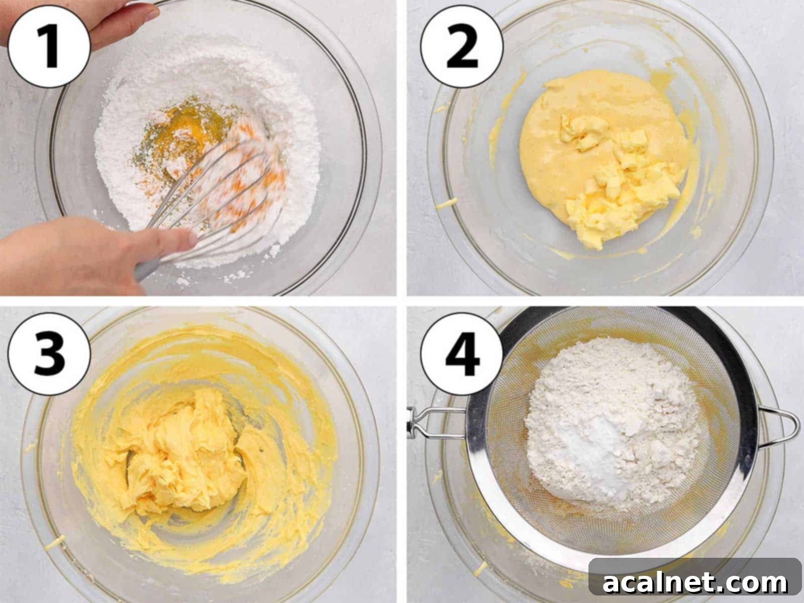 Buttery Breton Cookie Delights 6 Process Shot Collage: Step 1-4 of preparing the sable dough, showing the mixing of wet and dry ingredients.