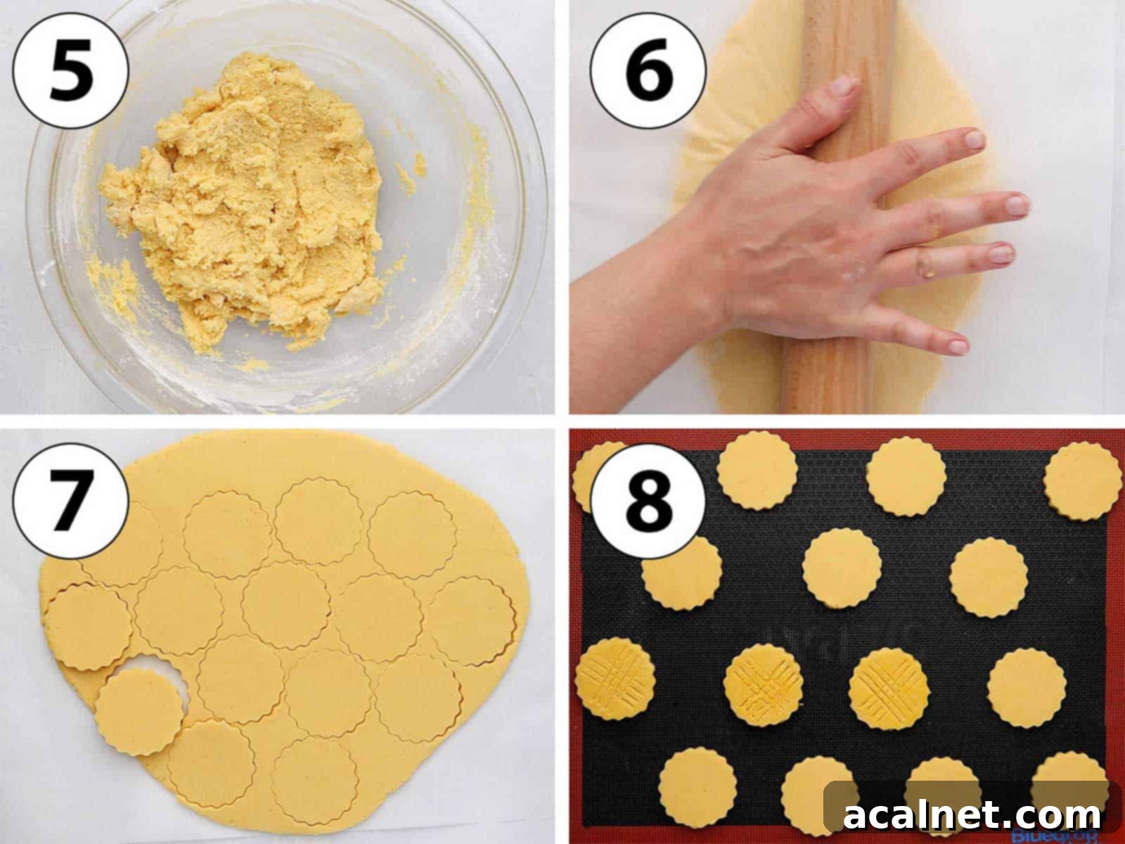 Buttery Breton Cookie Delights 7 Process Shot Collage: Step 5-8 of preparing the sable dough, showing rolling out, cutting, and placing on a baking sheet.