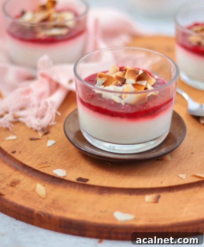 Silken Vegan Coconut Panna Cotta with Sweet Strawberries 5 Layers of Coconut Panna Cotta, Strawberry Compote and Toasted Coconut Flakes