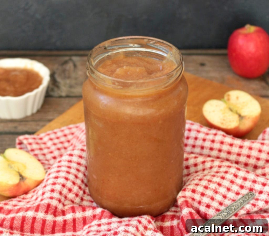 Apple sauce in a glass jar over a red and white tea towel, ready for storage or serving.