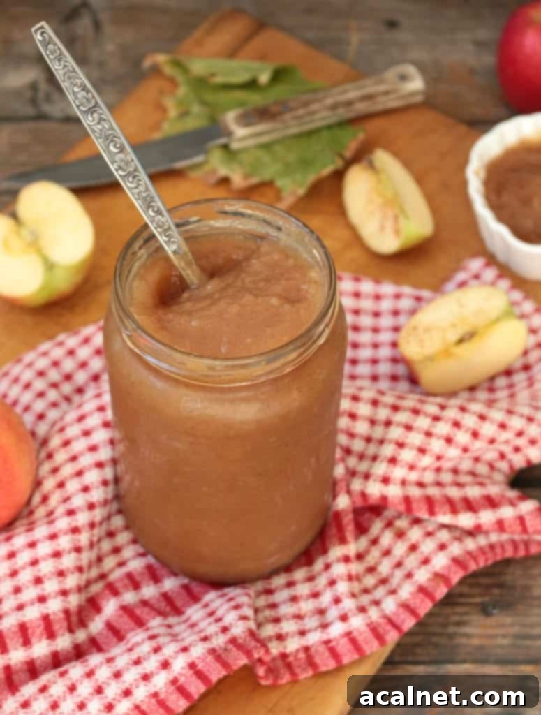 Applesauce in a glass jar with a spoon in it, inviting to taste.