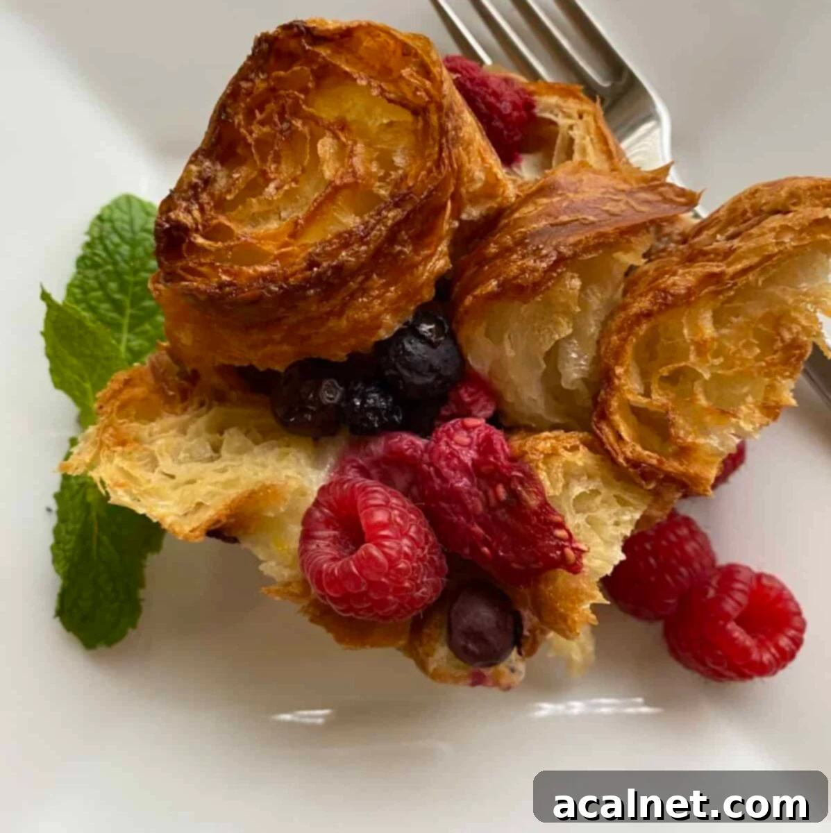 A serving on a plate with a sprig of mint and fresh raspberries.