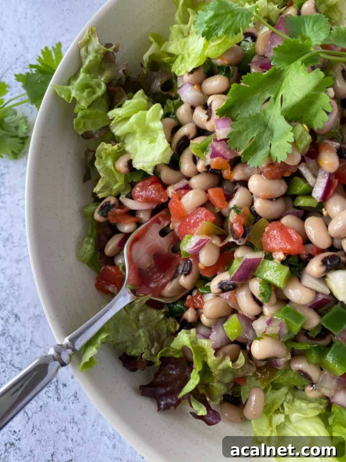 Black-eyed pea salad in a bowl with fresh lettuce greens, showcasing its vibrant colors and fresh ingredients.