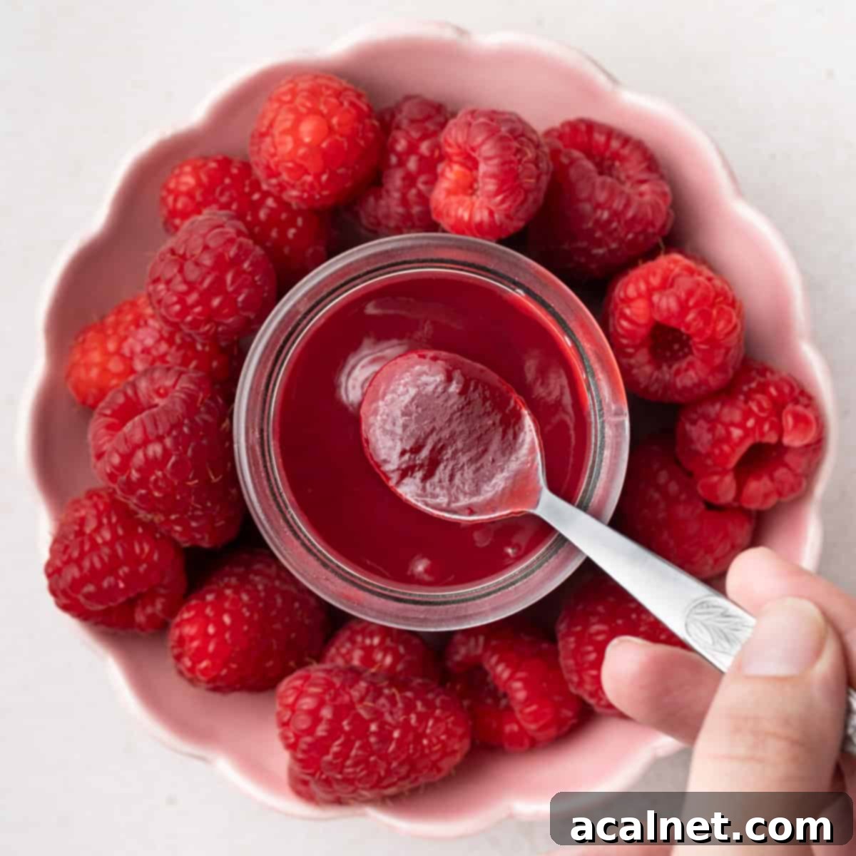 Effortless Raspberry Coulis 2 Flatlay shot: dipping a spoon in a jar filled with coulis inside a bowl of raspberries.