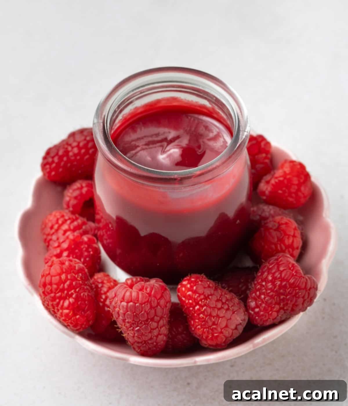 Effortless Raspberry Coulis 5 Coulis in a glass jar surrounded by fresh raspberries.