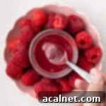 Effortless Raspberry Coulis 8 Flatlay shot: dipping a spoon in a jar filled with coulis inside a bowl of raspberries.