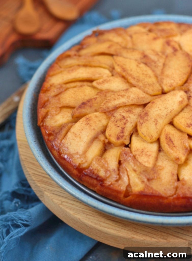 Decadent Caramel Apple Flip Cake 3 A close-up view of the perfectly caramelized apple slices on top of the moist cake, showing the rich, golden-brown glaze and tender texture of the fruit.