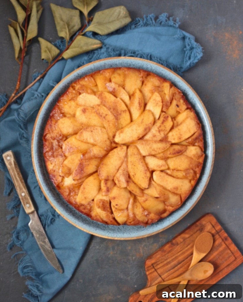 Decadent Caramel Apple Flip Cake 6 A flatlay shot of the complete Spiced Caramel Apple Upside-Down Cake on a blue plate, set against a grey surface, highlighting its rustic beauty and delicious appeal.