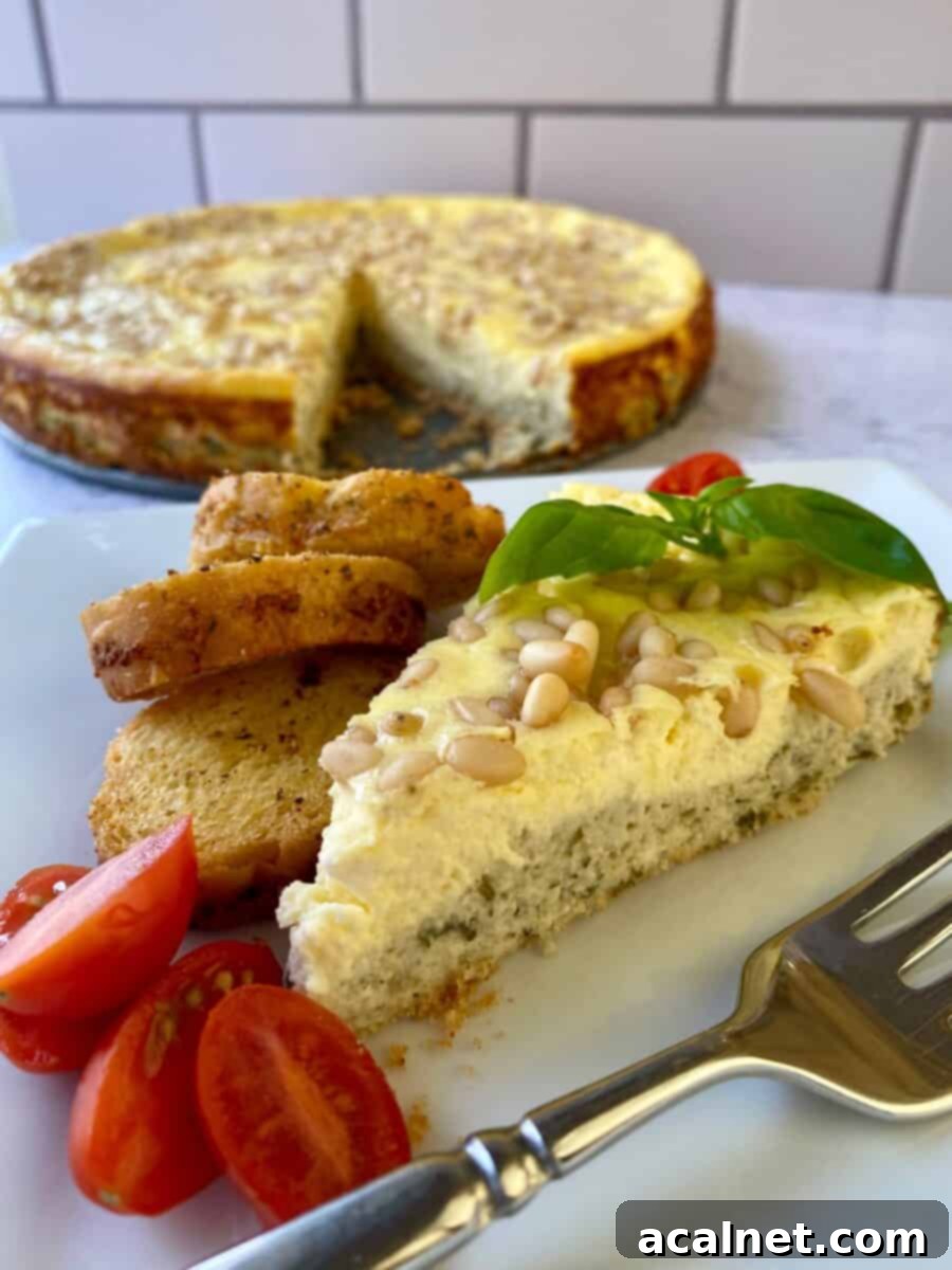 Slice of savory cheesecake with cherry tomato slices, small bread slices and a fork on the side. Whole cheesecake in the background.