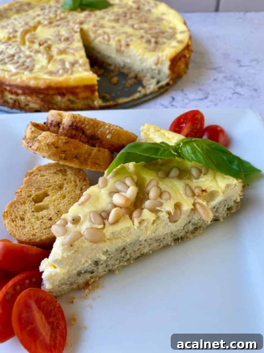 A wedge of cheesecake with cherry tomato slices and small rounds of bread. The whole cheesecake is in the background.