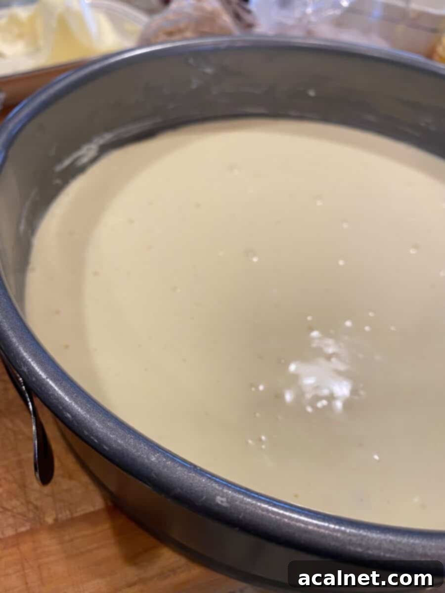 Raw cheesecake batter in a springform pan.