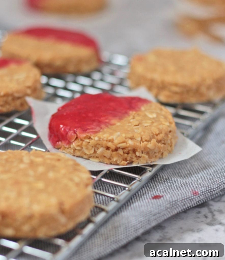 Wholesome No Bake Peanut Butter Oat Cookies 3 Close up on Peanut Butter and Jelly Cookie on a cooling rack