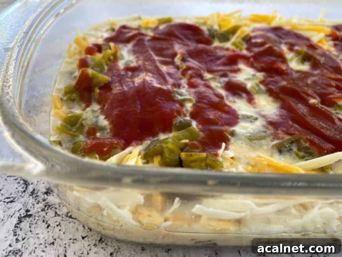 Fiesta Green Chile Egg Casserole 7 Assembled Chili Relleno Casserole in a baking dish, with tomato sauce as the top layer.